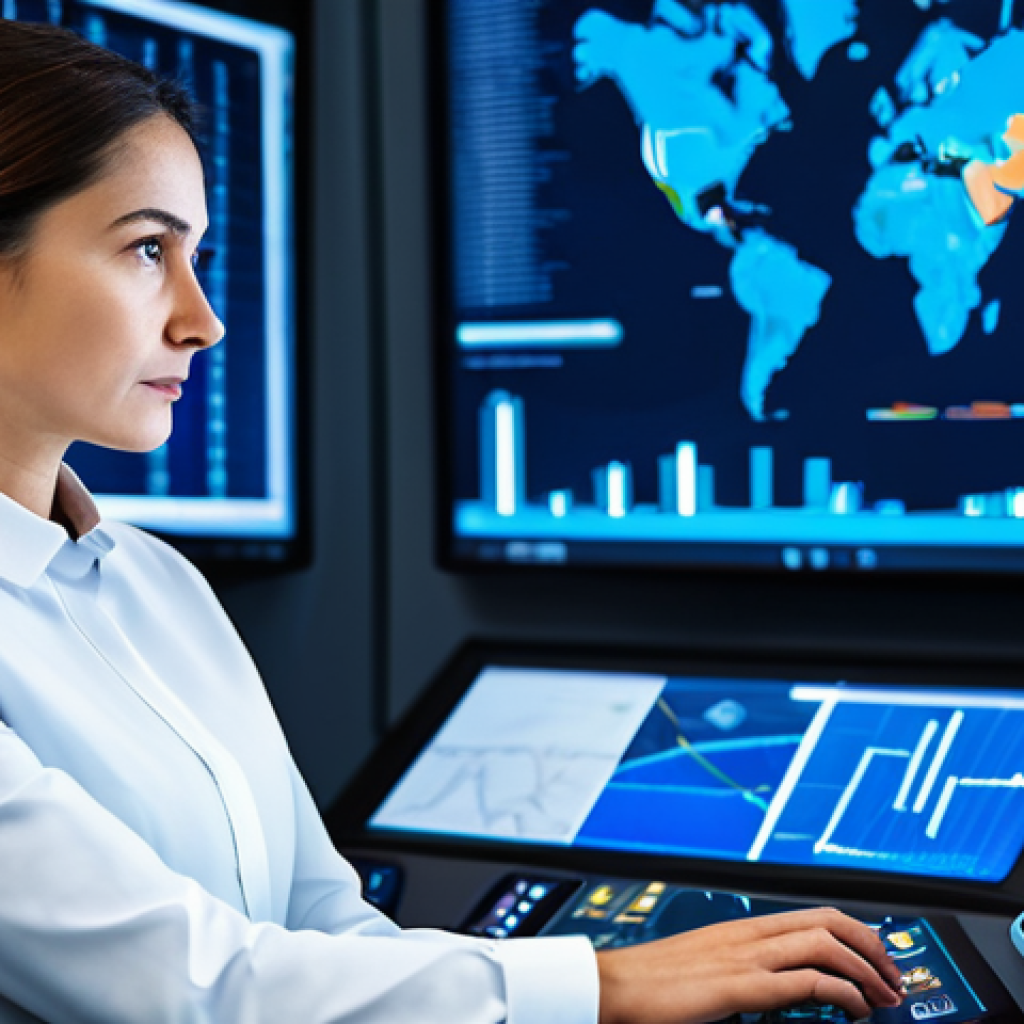 A focused professional logistics expert, female, in her late 30s, wearing a modest, tailored business suit in dark blue with a crisp white blouse. She is seated at a futuristic control desk in a sleek, modern logistics hub, surrounded by glowing holographic displays showing complex data visualizations, global supply chain maps, and real-time analytics. Her expression is thoughtful and confident as she gestures towards a data point on an interface. The background is a blurred view of an organized, busy shipping yard or automated warehouse operations. Perfect anatomy, correct proportions, well-formed hands, proper finger count, natural body proportions. Professional photography, high detail, sharp focus, futuristic lighting, vibrant colors. Safe for work, appropriate content, fully clothed, professional dress, family-friendly.