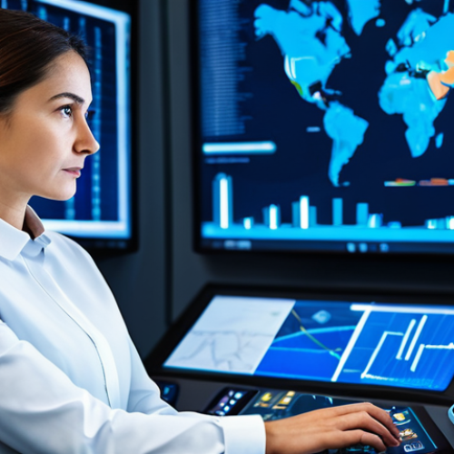 Home 4 A focused professional logistics expert, female, in her late 30s, wearing a modest, tailored business suit in dark blue with a crisp white blouse. She is seated at a futuristic control desk in a sleek, modern logistics hub, surrounded by glowing holographic displays showing complex data visualizations, global supply chain maps, and real-time analytics. Her expression is thoughtful and confident as she gestures towards a data point on an interface. The background is a blurred view of an organized, busy shipping yard or automated warehouse operations. Perfect anatomy, correct proportions, well-formed hands, proper finger count, natural body proportions. Professional photography, high detail, sharp focus, futuristic lighting, vibrant colors. Safe for work, appropriate content, fully clothed, professional dress, family-friendly.