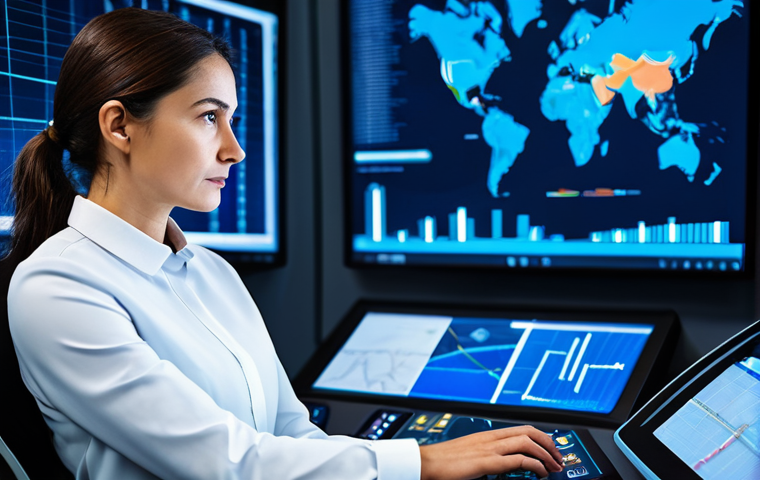 A focused professional logistics expert, female, in her late 30s, wearing a modest, tailored business suit in dark blue with a crisp white blouse. She is seated at a futuristic control desk in a sleek, modern logistics hub, surrounded by glowing holographic displays showing complex data visualizations, global supply chain maps, and real-time analytics. Her expression is thoughtful and confident as she gestures towards a data point on an interface. The background is a blurred view of an organized, busy shipping yard or automated warehouse operations. Perfect anatomy, correct proportions, well-formed hands, proper finger count, natural body proportions. Professional photography, high detail, sharp focus, futuristic lighting, vibrant colors. Safe for work, appropriate content, fully clothed, professional dress, family-friendly.