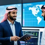 물류기술사 취득을 위한 학습 계획 수립 - **Prompt:** A group of diverse young Arab logistics professionals, both men and women, in a brightly...