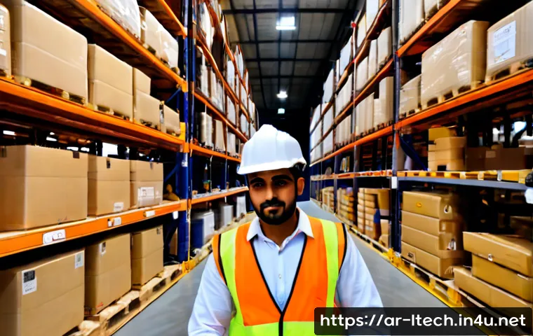 물류기술사 실무 경험 쌓는 방법 - Photorealistic logistics professional gaining hands-on experience inside a modern Gulf-region distri...