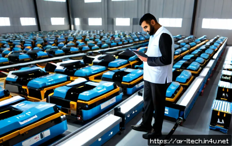 물류기술사와 관련된 물류 자동화 기술 - Photorealistic modern logistics automation warehouse in the Gulf region, autonomous mobile robots ca...